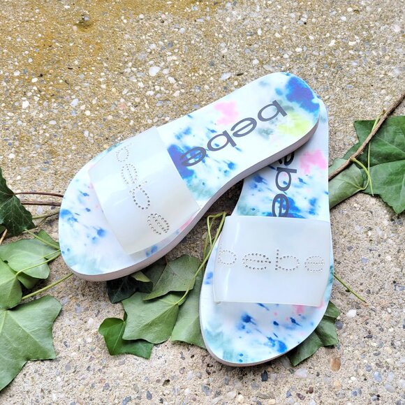 BEBE Women's White Leanna Rhinestone Embellished Logo Vamp Slide Sandals SZ 7 - Picture 1 of 6